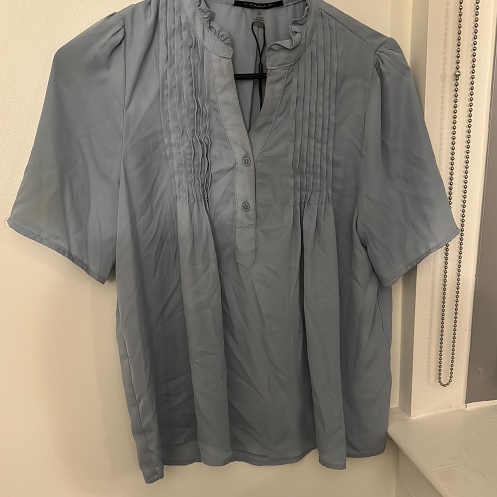 Tahari Light Blue Short Sleeve Blouse